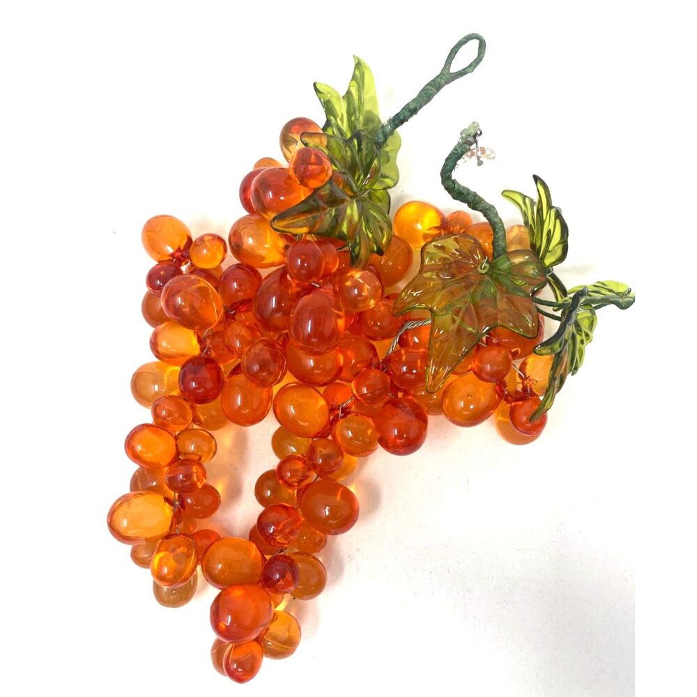 MCM Vtg Lucite Plastic Grapes Cluster Bunch Orange Translucent w/ Green Stem (2)
